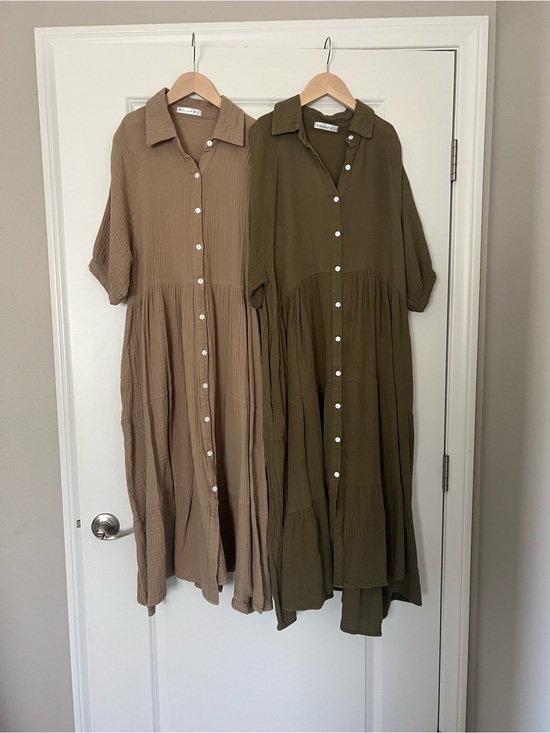 R. Vivimos Dresses & Skirts - Lightweight Button-Front Maxi Dress in Olive and Taupe